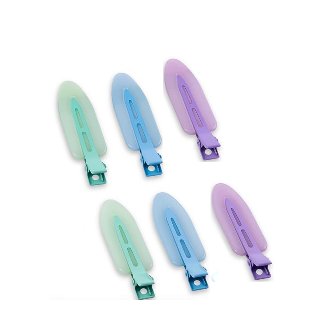 Six creaseless jelly hair clips with two each in pastel blue, green, and purple