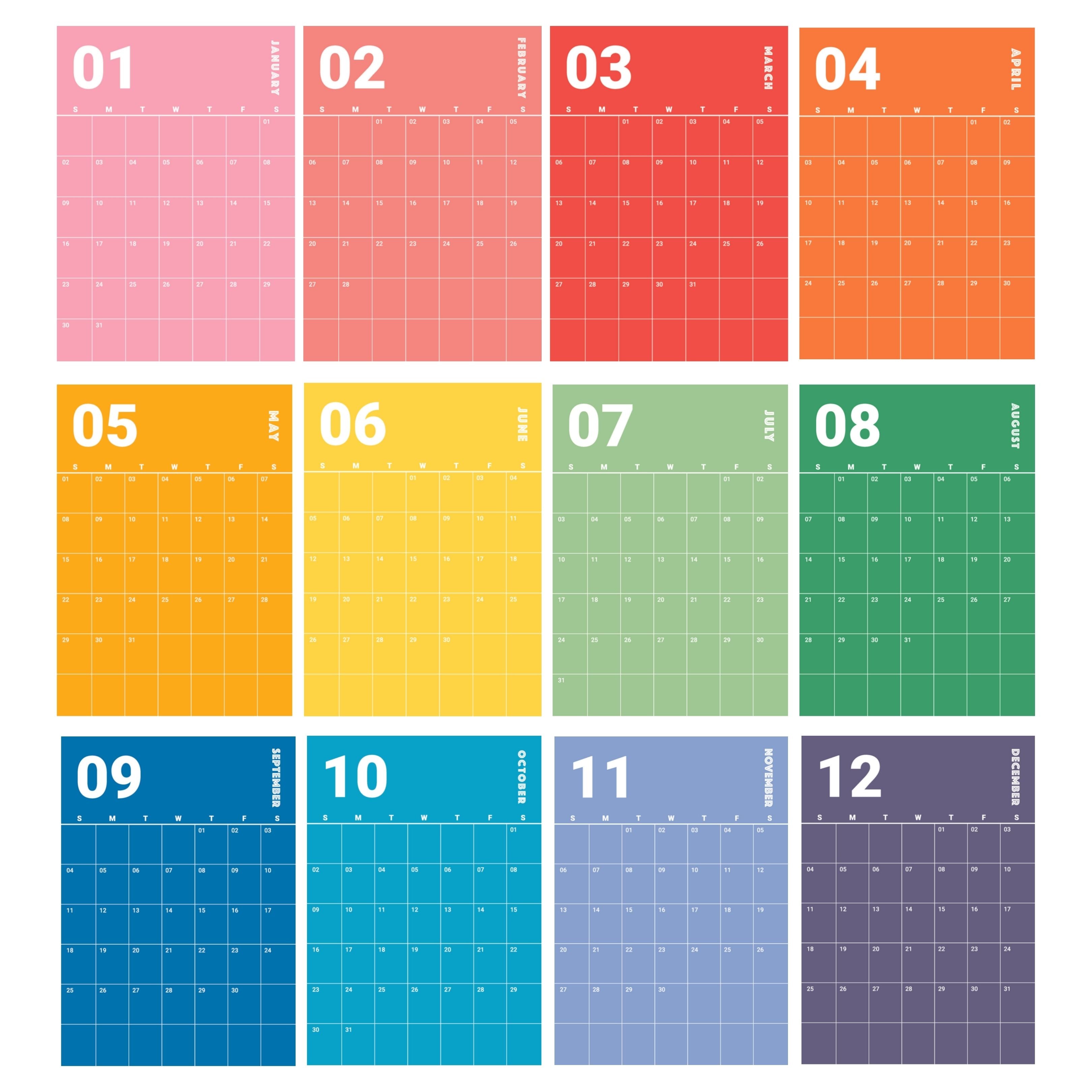 12 Month Calendar in Different Colors