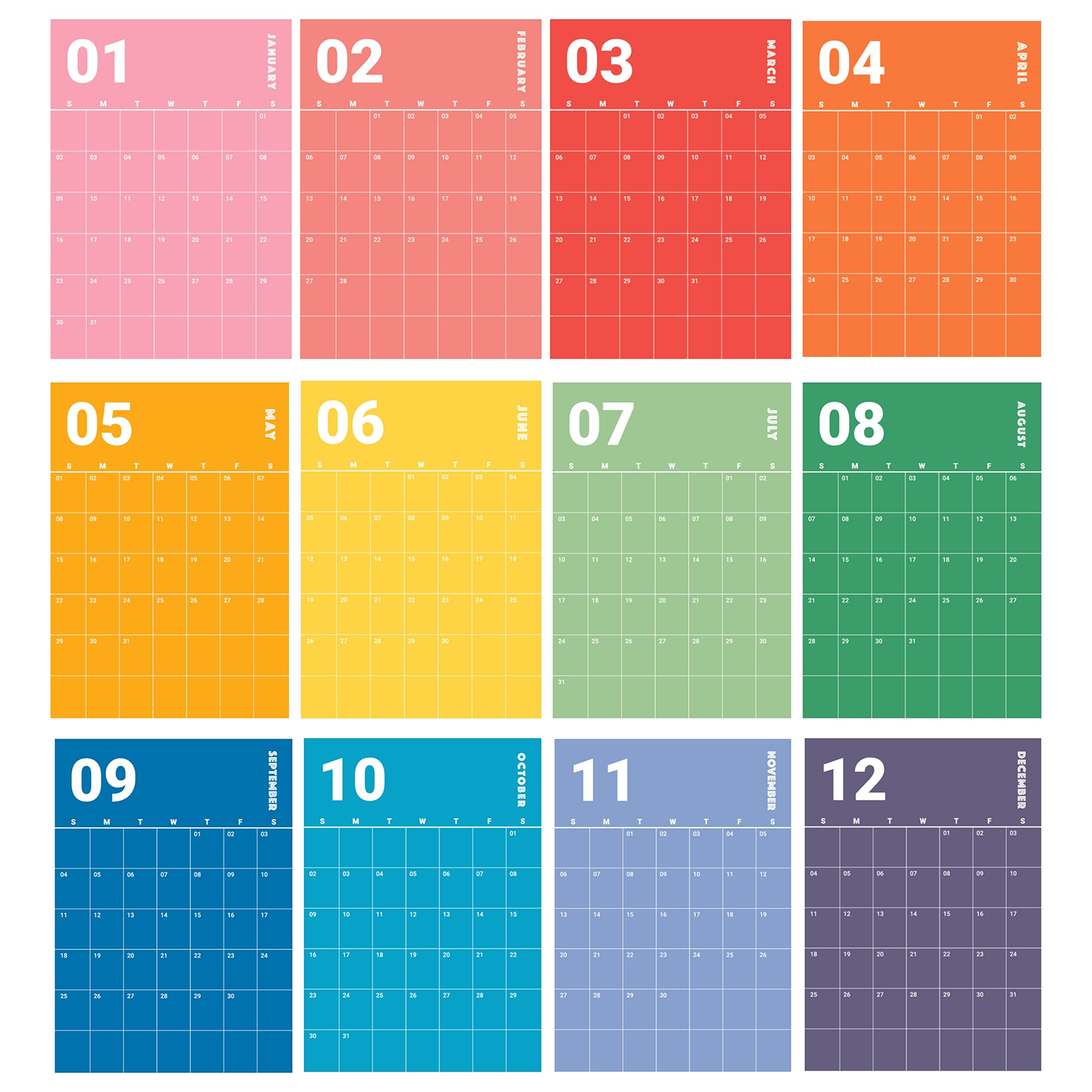 12 Month Rainbow Wall Planner