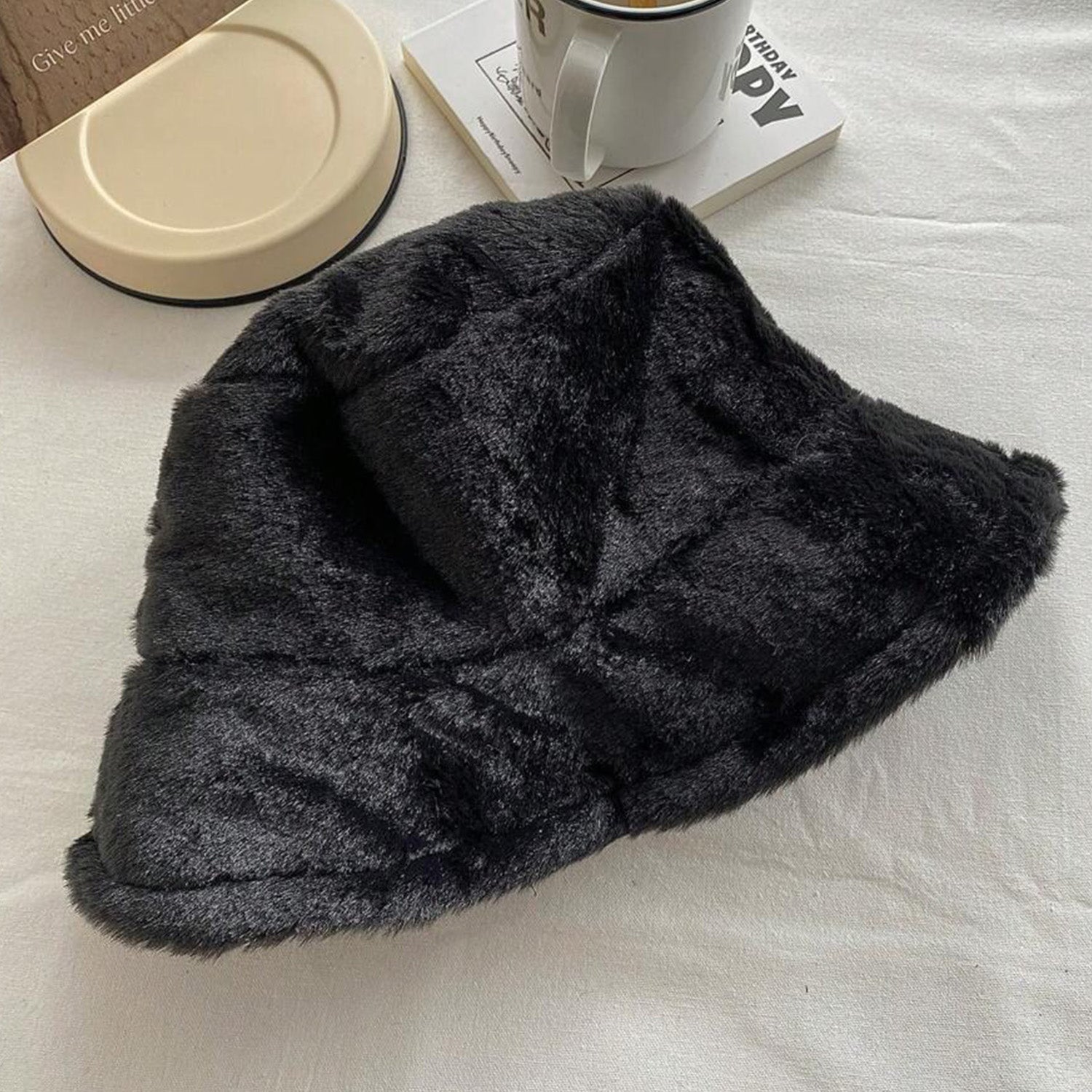 Black Faux Fur Bucket Hat