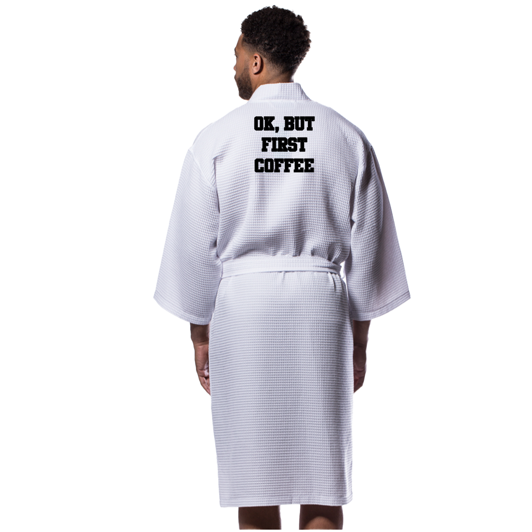 Ok But First Coffee Men Waffle Robe in White