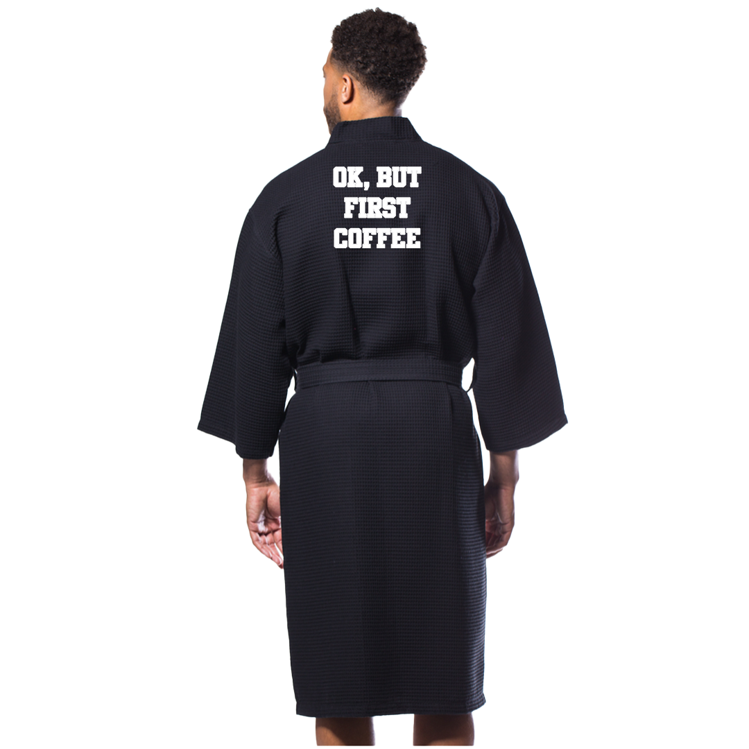 Ok But First Coffee Men Waffle Robe in Black