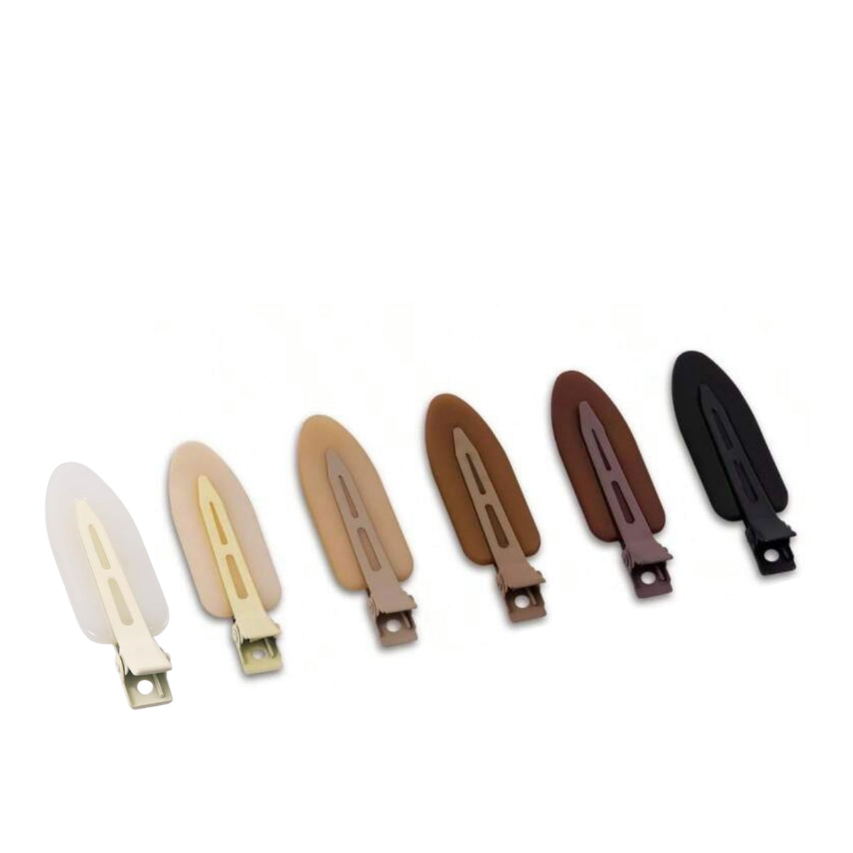 Six creaseless jelly hair clips in cream, beige, tan, brown, and black on a white background