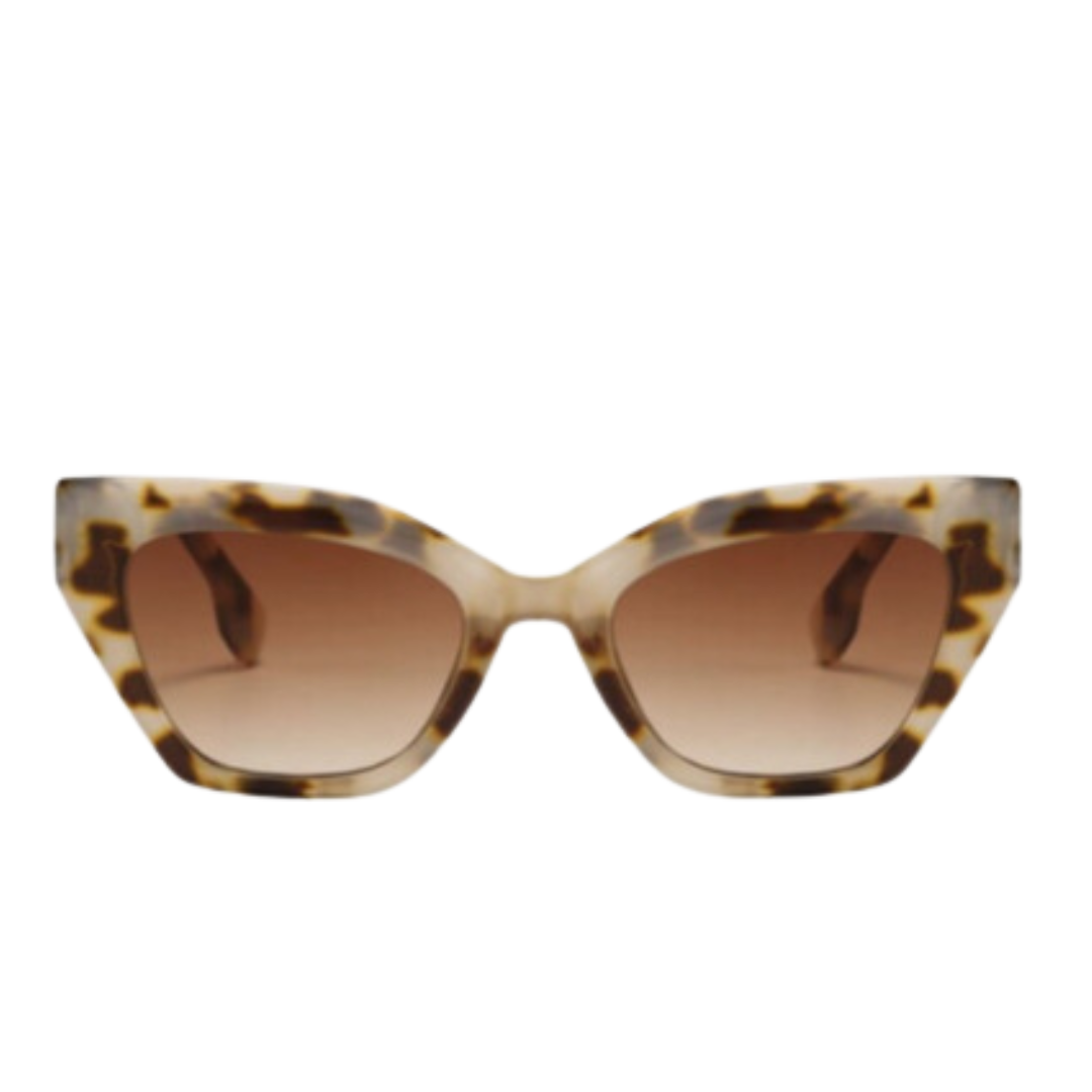 Grace cat eye sunglasses with blonde tortoise frames and brown gradient lenses, front view
