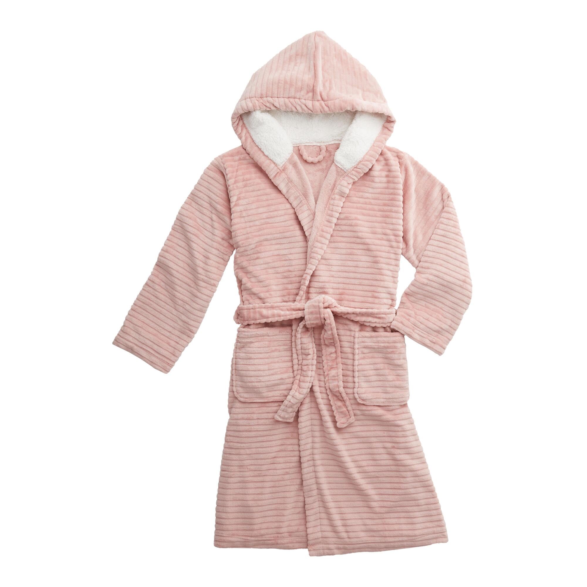 Pink robbed hooded robe with belt and oversize pockets.