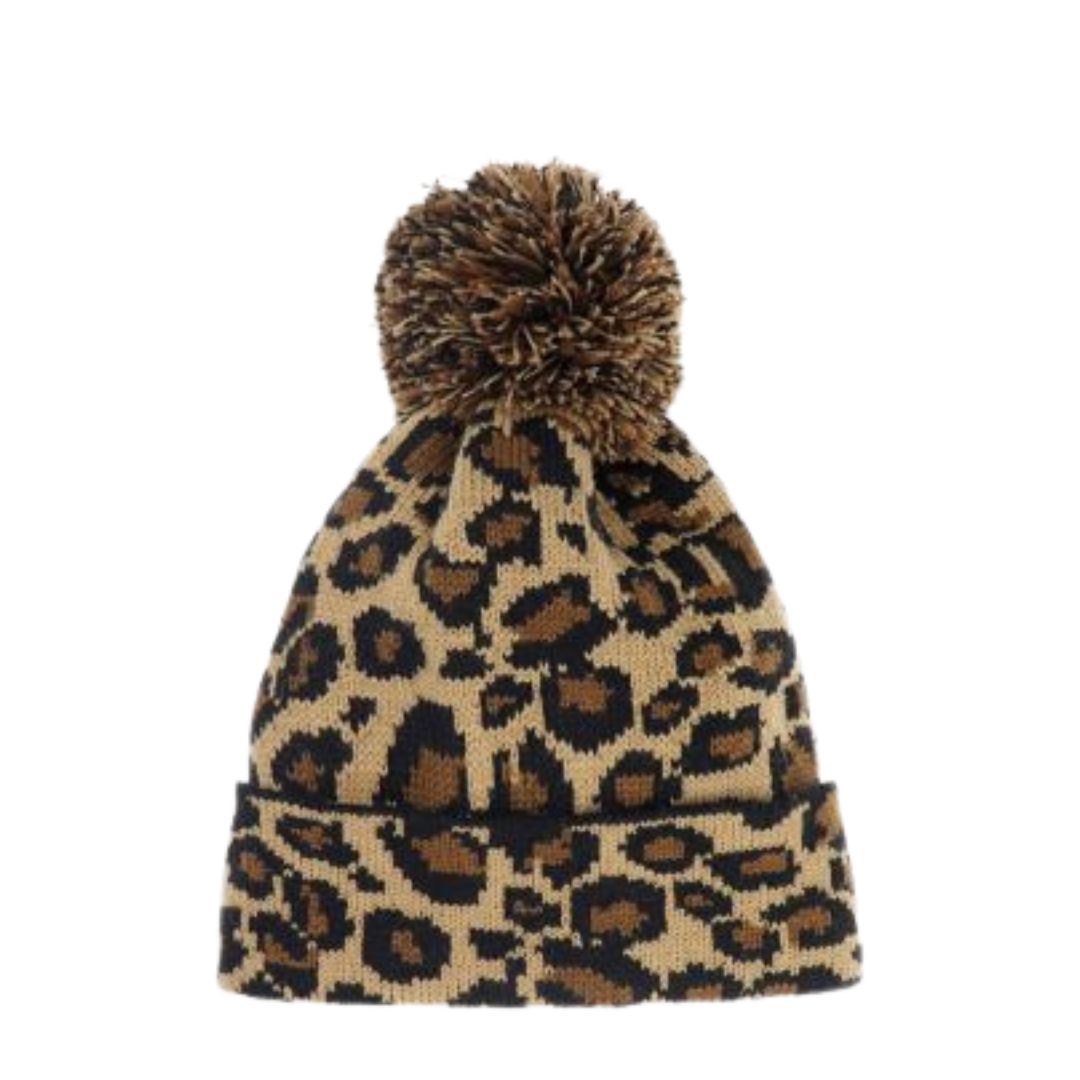 Leopard print beanie with a pom-pom on a white background