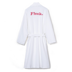 Fleek Bathrobe on pink letters with white robe color