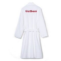 White robe with red text that reads "Girlboss"